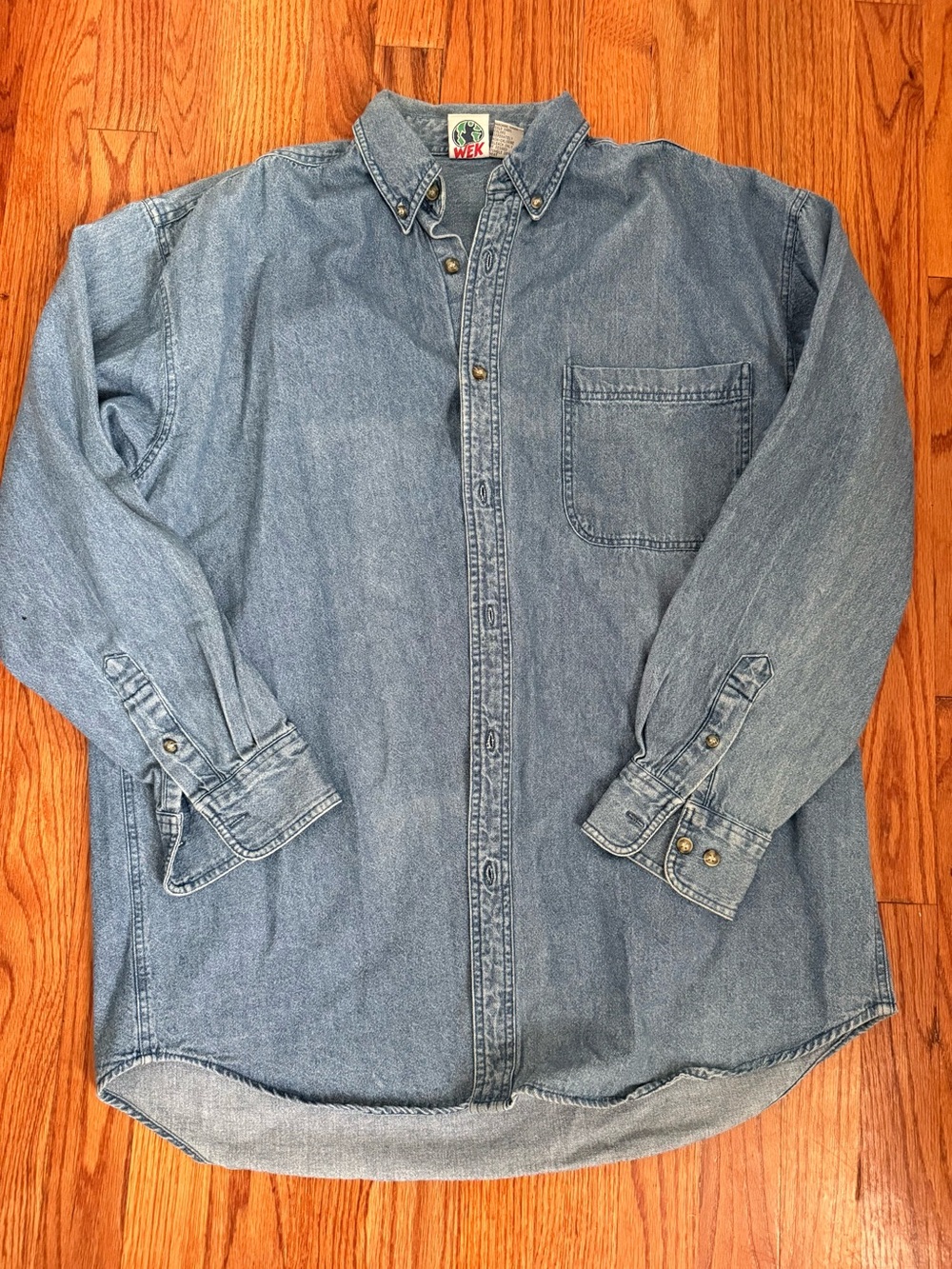 Vtg WEK Blue 100% Cotton Denim Jean Button Down Long Sleeve Shirt Size Large L